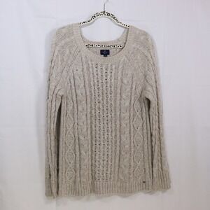 American Eagle Sweater L Beige Womens Cable Knit Metallic Pullover‎